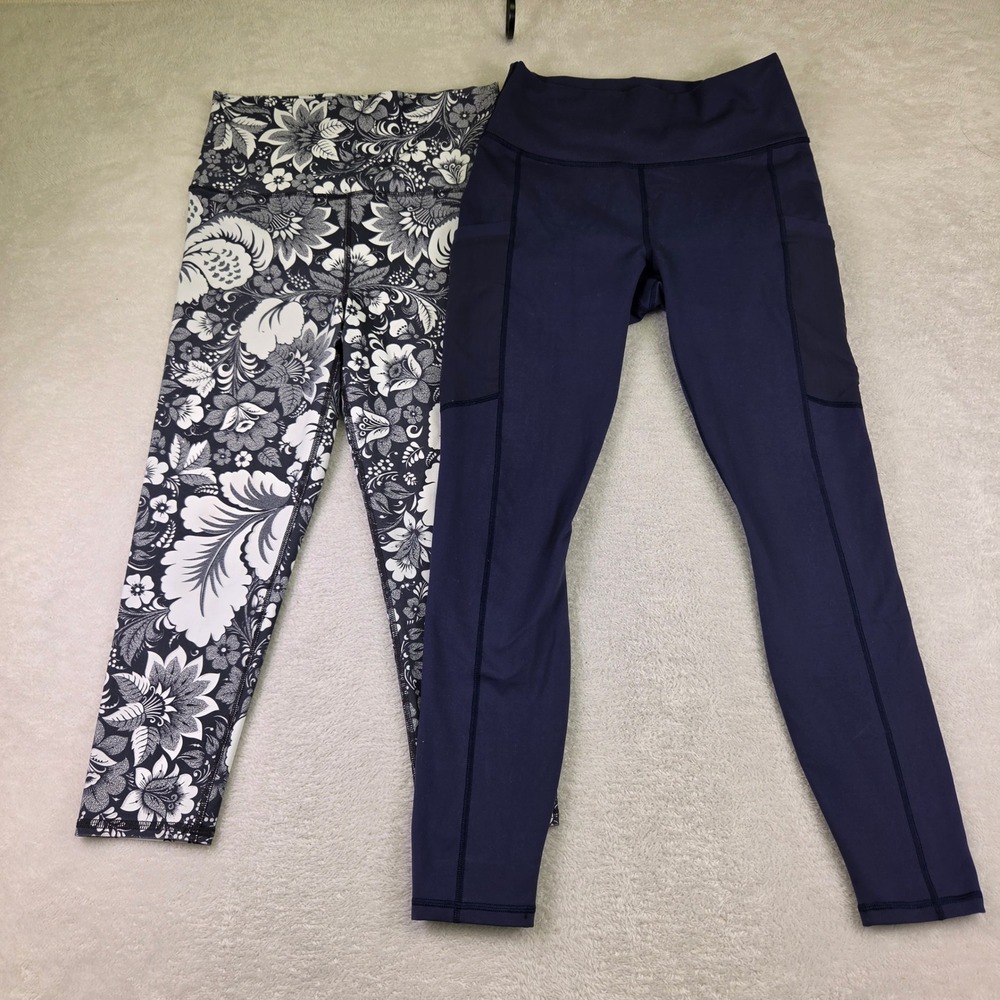 Fabletics PowerHold Navy & EVCR Floral Paisley Leggings Lot Medium 2 Pairs